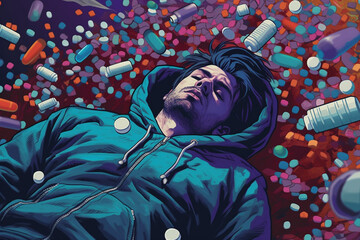 Illustration of man junkie with pills and drugs around - 633656263