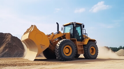 Fototapeta premium Sand quarry, excavating equipment, bulldozer. 