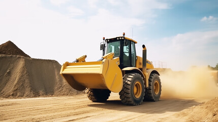 Sand quarry, excavating equipment, bulldozer. 
