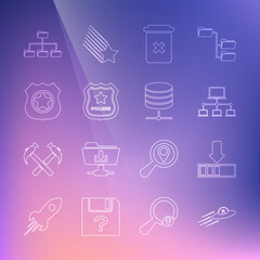 Set line UFO flying spaceship and alien, Loading, Computer network, Trash can, Police badge, Folder tree and Server, Data, Web Hosting icon. Vector