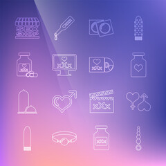 Set line Anal beads, Male and female heart, Bottle with pills for potency, Condoms in package, Monitor 18 plus content, Sex shop building and Disc inscription icon. Vector