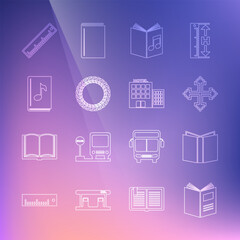 Set line Open book, Pixel arrows in four directions, Audio, Laurel wreath, Ruler and Hotel building icon. Vector