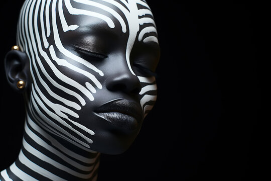 Portrait of an African American woman with closed eyes with spots, white paint splashes on her face. Female fashion portrait with a zebra pattern on a black background, make-up