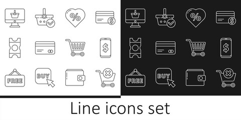 Set line Remove shopping cart, Smartphone with dollar, Discount percent tag heart, Credit card, Coupon, Monitor basket, Shopping and check mark icon. Vector