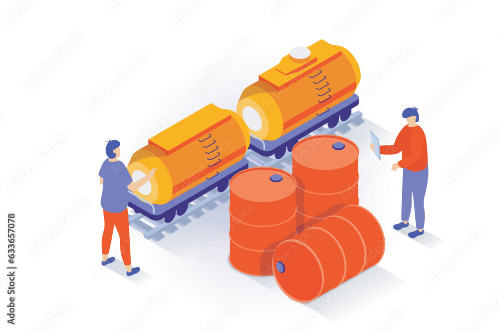 Poster oil industry concept in 3d isometric design. people working with tank railroad wagon for petroleum t