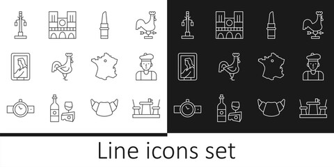 Set line French cafe, man, Lipstick, rooster, Portrait in museum, Street light, Map of France and Notre Dame icon. Vector