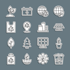 Set line Recycle bin with recycle, Plant pot, Solar energy panel, Planet earth and recycling, Plastic bag, and Factory icon. Vector