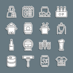 Set line Beer T-shirt, Glass of beer, brewing process, Cold can, Ice bucket, Happy man with and bottles ice icon. Vector