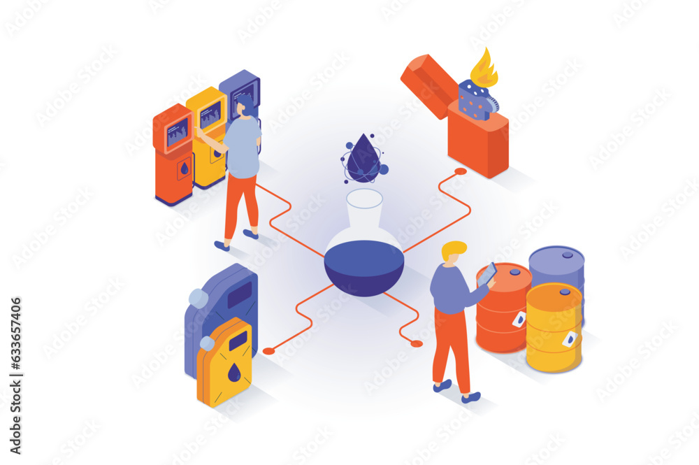 Poster Oil industry concept in 3d isometric design. People researching product in test tubes in lab, storage at barrels, transporting for gas station. Vector illustration with isometry scene for web graphic