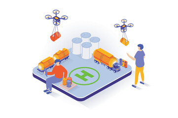 Oil industry concept in 3d isometric design. People working at petroleum storage factory with containers, tank railroad wagons, flying drones. Vector illustration with isometry scene for web graphic