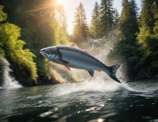 Fototapeta premium Salmon jumping against the current in a beautiful forest.generative AI