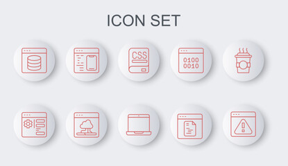 Set line Browser with exclamation mark, setting, Books about programming, Software, Server, Data, Web Hosting, Cloud technology data transfer and Laptop icon. Vector