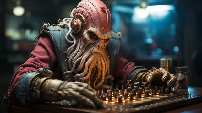 Alien playing chess game. Generative Ai