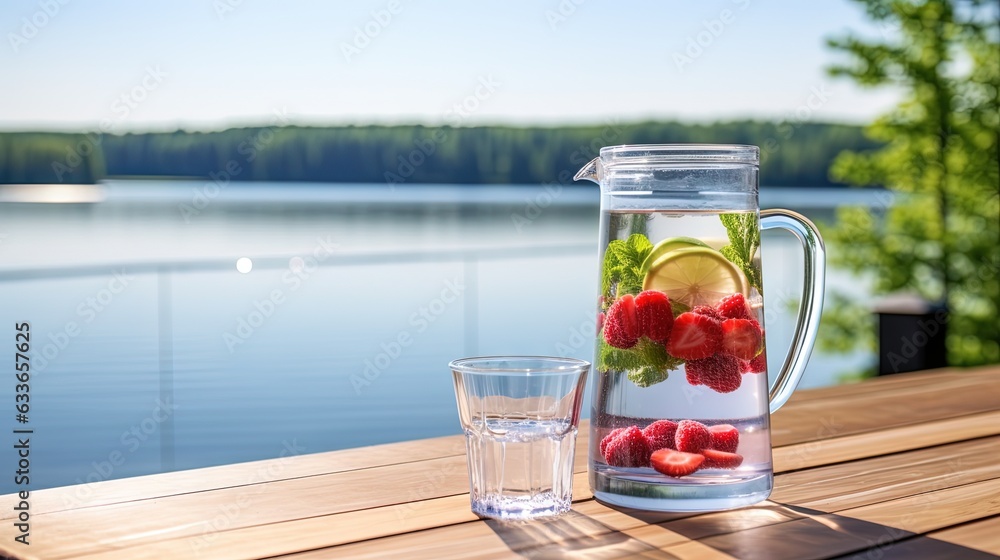 Aufkleber a pitcher of water with strawberries and limes on a table. generative ai