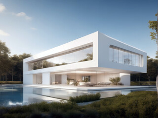 Fototapeta premium White futuristic building against the blue sky and white clouds