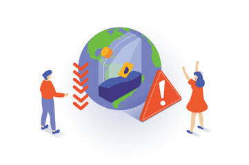 Oil industry concept in 3d isometric design. People selling petroleum products at global fuel market with down prices in economic crisis time. Vector illustration with isometry scene for web graphic