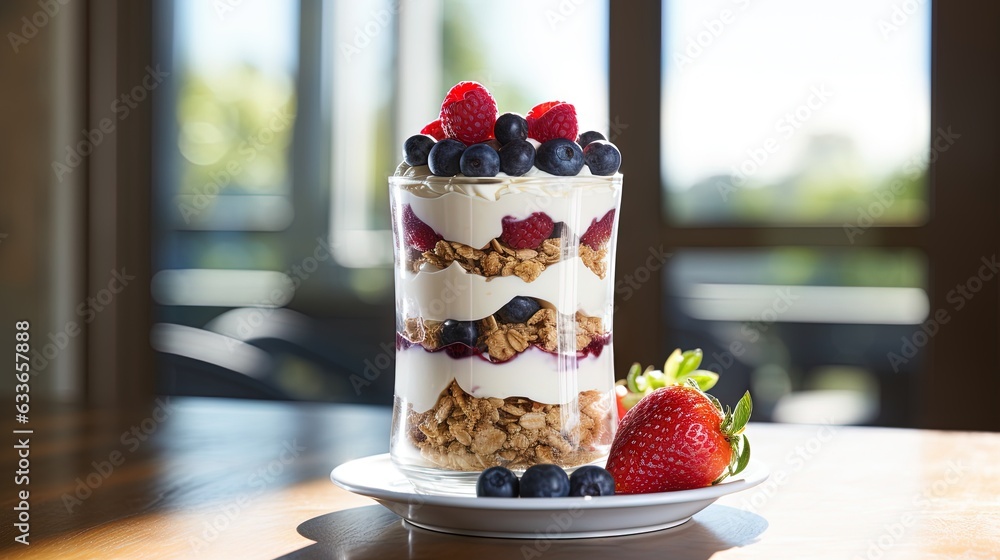 Poster a layered dessert with strawberries and blueberries on a plate. generative ai
