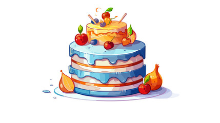 Drawing of a birthday cake with candles and berries on a white background vector