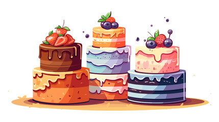 Drawing of a birthday cake with candles and berries on a white background vector