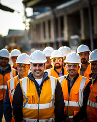 Team or group of construction workers, engineers or architects wearing hard hats and reflective vests. at a construction site. Shallow field of view.