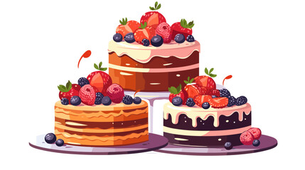 Drawing of a birthday cake with candles and berries on a white background vector