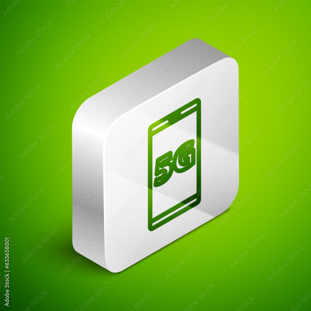 Poster isometric line mobile with 5g new wireless internet wifi icon isolated on green background. global n