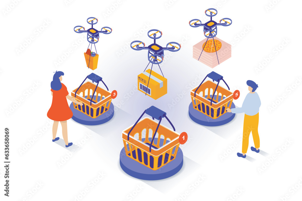 Aufkleber online shopping concept in 3d isometric design. people ordering food in bag and pizza in store webpa
