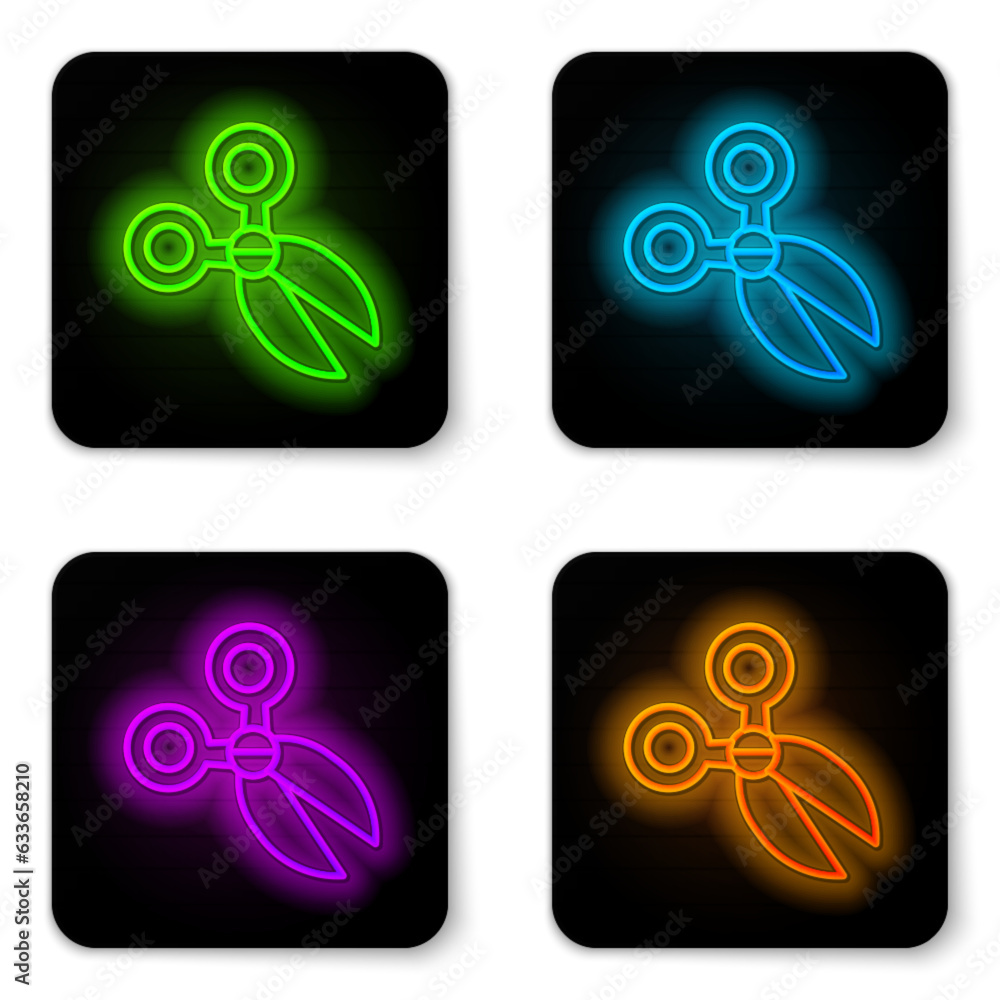 Poster glowing neon line scissors icon isolated on white background. cutting tool sign. black square button