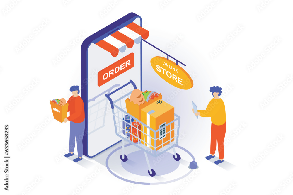 Poster online shopping concept in 3d isometric design. people ordering food in supermarket cart and deliver