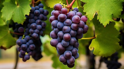 Naklejka premium Close-up photo of a cluster of grapes attached to the vine. AI Generated