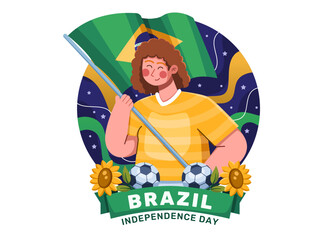 Vector Illustration Brazil Independence Day with A cute young woman stands outdoors, adorned in festive attire, waving the Brazilian flag with pride at 7 September.
Perfect for greeting card, poster,
