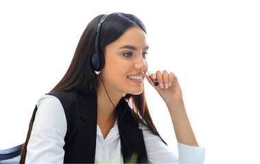 Portrait of call center worker. Smiling customer support operator at work on a transparent...