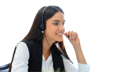 Portrait of call center worker. Smiling customer support operator at work on a transparent background