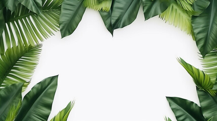 tropical leaves frame on white background with free space to insert top view. Generative Ai. 