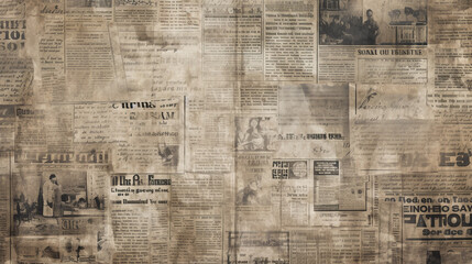 old newspapers covered with stains and dirt pasted on the wall. Generative Ai. 