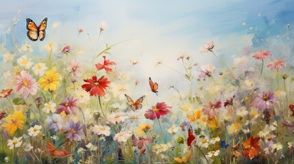 Fototapeta na wymiar a painting of a butterfly flying over a field of flowers. generative ai