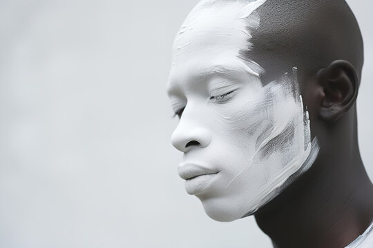 Portrait of a sensual African American man with white paint on his face with closed eyes, side view