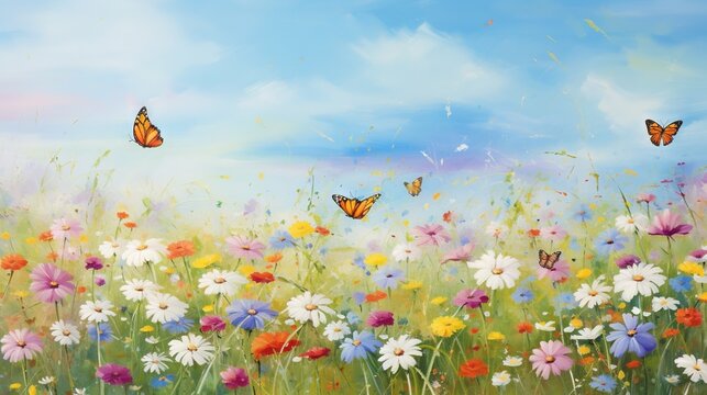  a painting of a field of flowers with butterflies flying above.  generative ai