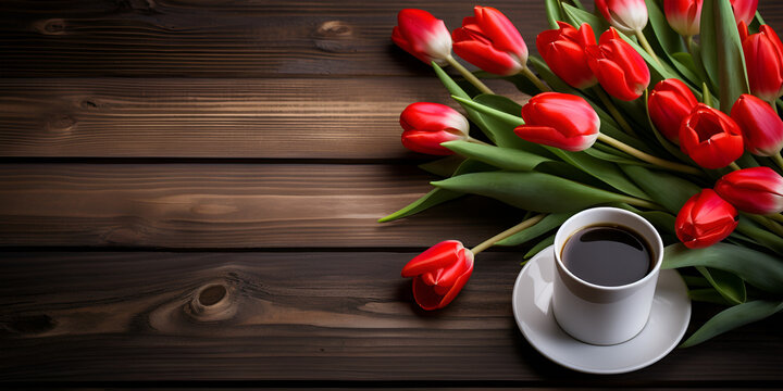 Beautiful red  bouquet of tulips on a dark wooden background cup of coffee, 