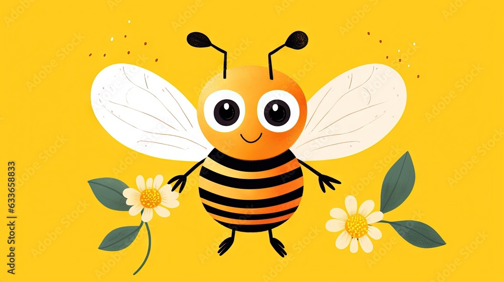 Poster a bee with a flower on a yellow background with a caption. generative ai