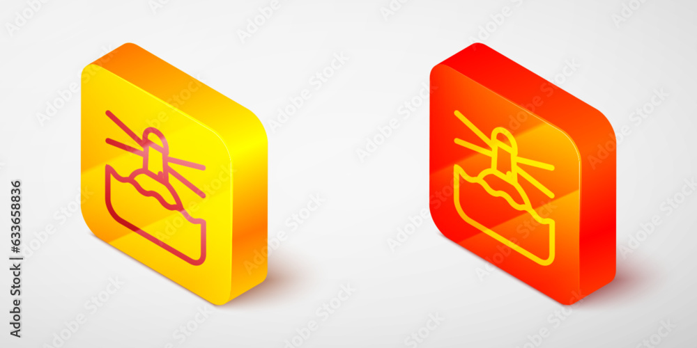 Poster isometric line lighthouse icon isolated on grey background. yellow and orange square button. vector