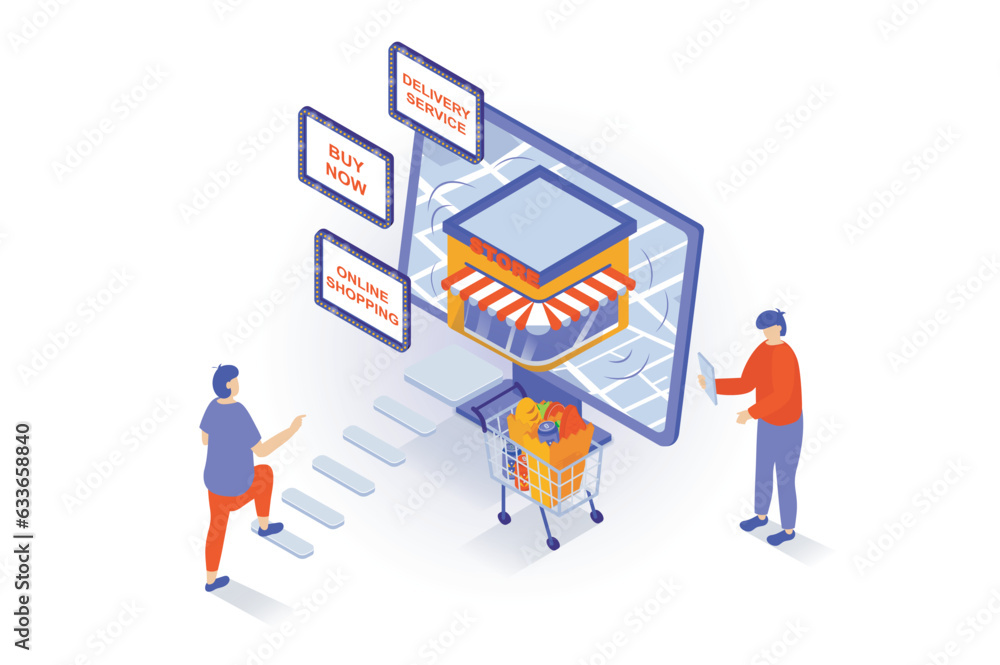 Poster online shopping concept in 3d isometric design. people making purchases in store webpage with advert