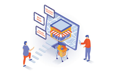 Online shopping concept in 3d isometric design. People making purchases in store webpage with advertising offers, ordering and paying in app. Vector illustration with isometry scene for web graphic