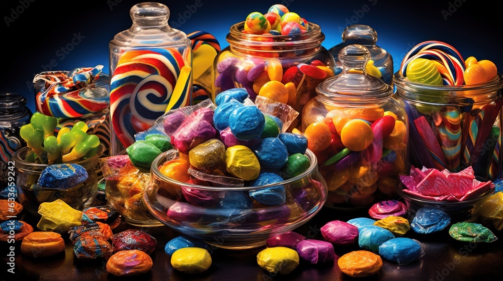 Poster a table topped with lots of candy and lollipops. generative ai