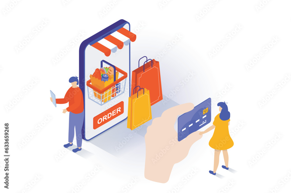 Fototapete online shopping concept in 3d isometric design. people making purchases of food in grocery store mob