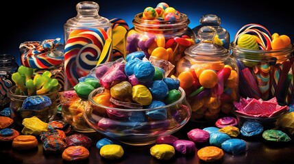  a table topped with lots of candy and lollipops.  generative ai