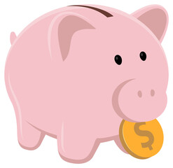 Piggy bank with coin  illustration. Classic ceramic pig symbol of saving money