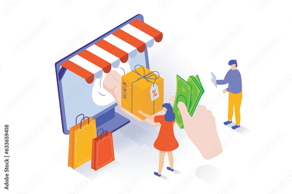 Poster Online shopping concept in 3d isometric design. People ordering products, paying by webpage digital form, receive parcel with delivery service. Vector illustration with isometry scene for web graphic
