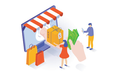 Online shopping concept in 3d isometric design. People ordering products, paying by webpage digital form, receive parcel with delivery service. Vector illustration with isometry scene for web graphic