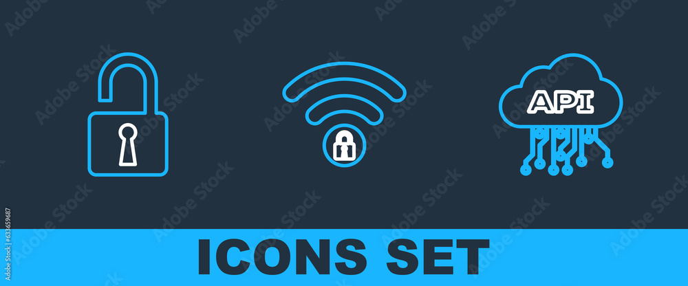 Poster set line cloud api interface, open padlock and wifi locked icon. vector